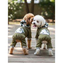 Kamuflaj Desenli Köpek Tulumu | Kapüşonlu | Pamuklu Polar Kumaş | Haki Yeşil | Küçük Irklar İçin