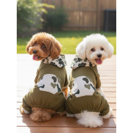 Kamuflaj Desenli Köpek Tulumu | Kapüşonlu | Pamuklu Polar Kumaş | Haki Yeşil | Küçük Irklar İçin