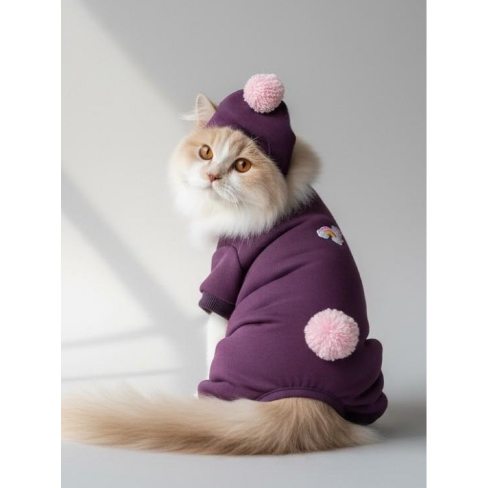 Purple Ponpon Pony Kedi Tulumu & Bere Takımı | Şardonlu Polar Kumaş | Tüy Dökülmesini Azaltır