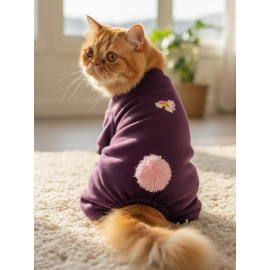 Ponpon Detaylı Kedi Tulumu | Şardonlu Polar Kumaş | Mor Renk 