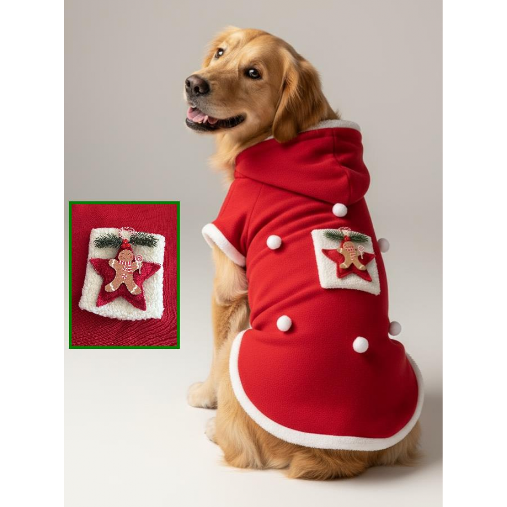 Red Star Kırmızı Yılbaşı Köpek Kıyafeti | Noel Baba Kapüşonlu Polar Sweatshirt | Orta ve Büyük Irklar İçin