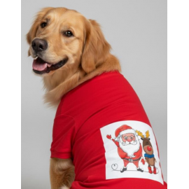 Santa and Friend Rudolph Orta ve Büyük Irk Köpek Tişörtü Yılbaşı Noel