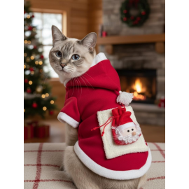 Santa's Bag Yılbaşı Kedi Kıyafeti Premium Kırmızı Polar | Kapüşonlu Noel Kedi Kostümü | Kurabiye Temalı