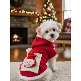 Santa's Bag Yılbaşı Köpek Kıyafeti Premium Kırmızı Polar | Kapüşonlu Noel Köpek Kostümü | Küçük Irklar İçin