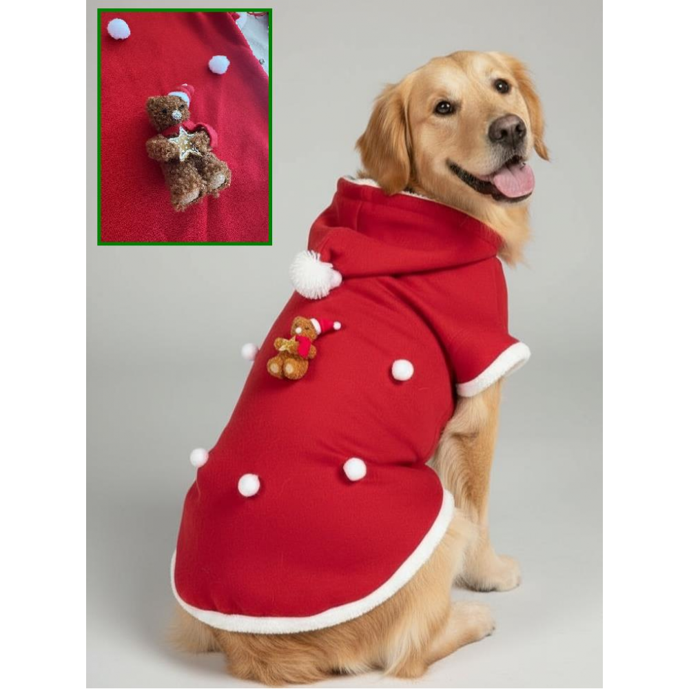 Santa Teddy Kırmızı Yılbaşı Köpek Kıyafeti | Noel Baba Kapüşonlu Polar Sweatshirt | Orta ve Büyük Irklar İçin