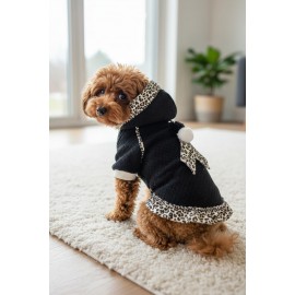 Siyah Leopar Desenli Kapüşonlu Köpek Elbisesi | Polar Kumaş | 5,5 - 7 KG 