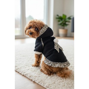 Siyah Leopar Desenli Kapüşonlu Köpek Elbisesi | Polar Kumaş | 5,5 - 7 KG 