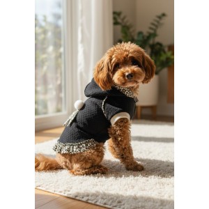 Siyah Leopar Desenli Kapüşonlu Köpek Elbisesi | Polar Kumaş | 5,5 - 7 KG 
