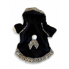 Siyah Leopar Desenli Kapüşonlu Köpek Elbisesi | Polar Kumaş | 5,5 - 7 KG 