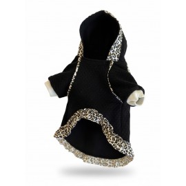 Siyah Leopar Desenli Kapüşonlu Köpek Elbisesi | Polar Kumaş | 5,5 - 7 KG 