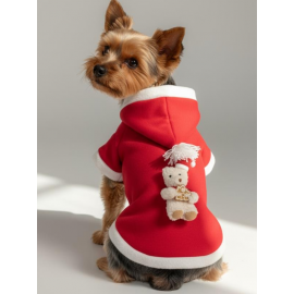 Snow Bear Kırmızı Xmas Köpek Kıyafeti | Kapüşonlu Polar Noel Sweatshirt | Küçük Irklar İçin