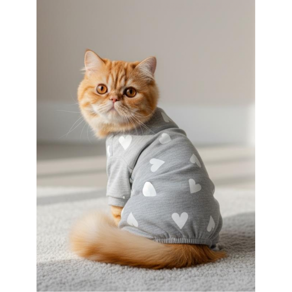 Soft Hearts Kedi Tulumu | Pamuklu Penye Kedi Kıyafeti | Küçük Irklar İçin | Tüy Dökülmesini Azaltır