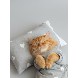 Soft Hearts Kedi Uyku Seti | Penye Kedi Tulum ve Mini Yastık Takımı | Pamuklu | Tüy Dökülmesini Azaltır | 