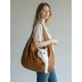 Suni Deri Su Geçirmez Kahverengi Kedi Taşıma Çantası – Emniyet Kemerli
