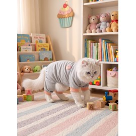 Sweet Cupcake Kedi Tulumu | Gri Beyaz İnce Çizgili Penye Kedi Kıyafeti 