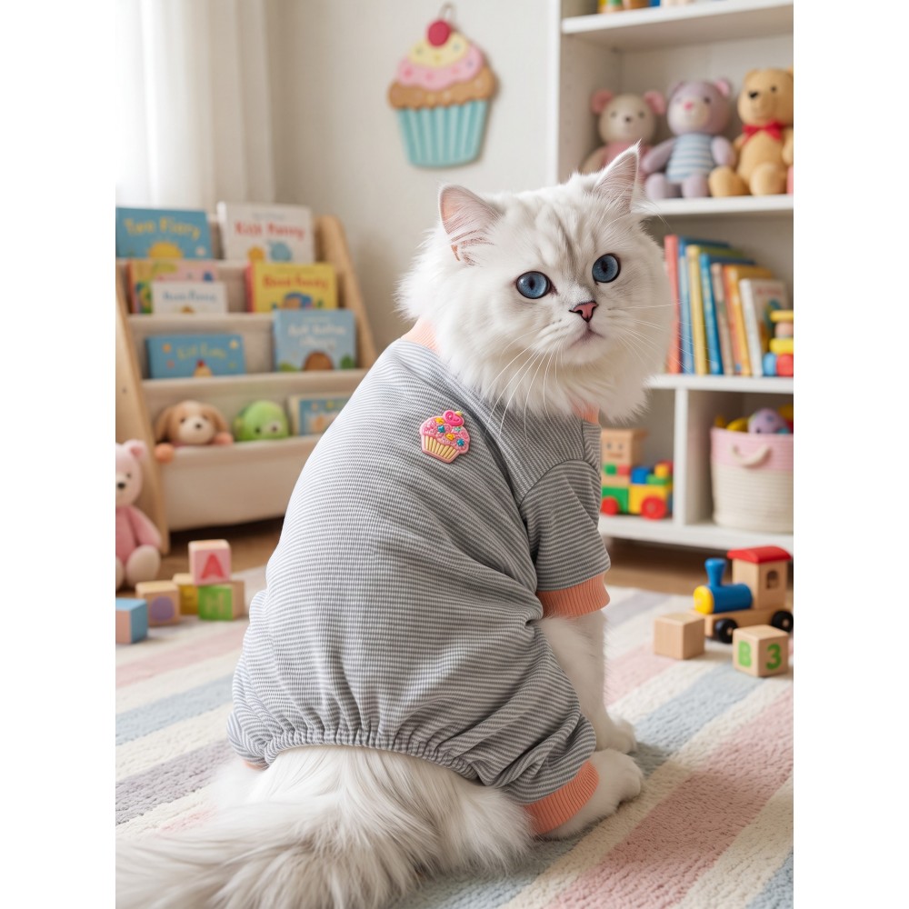Sweet Cupcake Kedi Tulumu | Gri Beyaz İnce Çizgili Penye Kedi Kıyafeti 