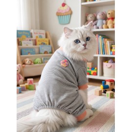 Sweet Cupcake Kedi Tulumu | Gri Beyaz İnce Çizgili Penye Kedi Kıyafeti 
