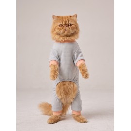 Sweet Cupcake Kedi Tulumu | Gri Beyaz İnce Çizgili Penye Kedi Kıyafeti 