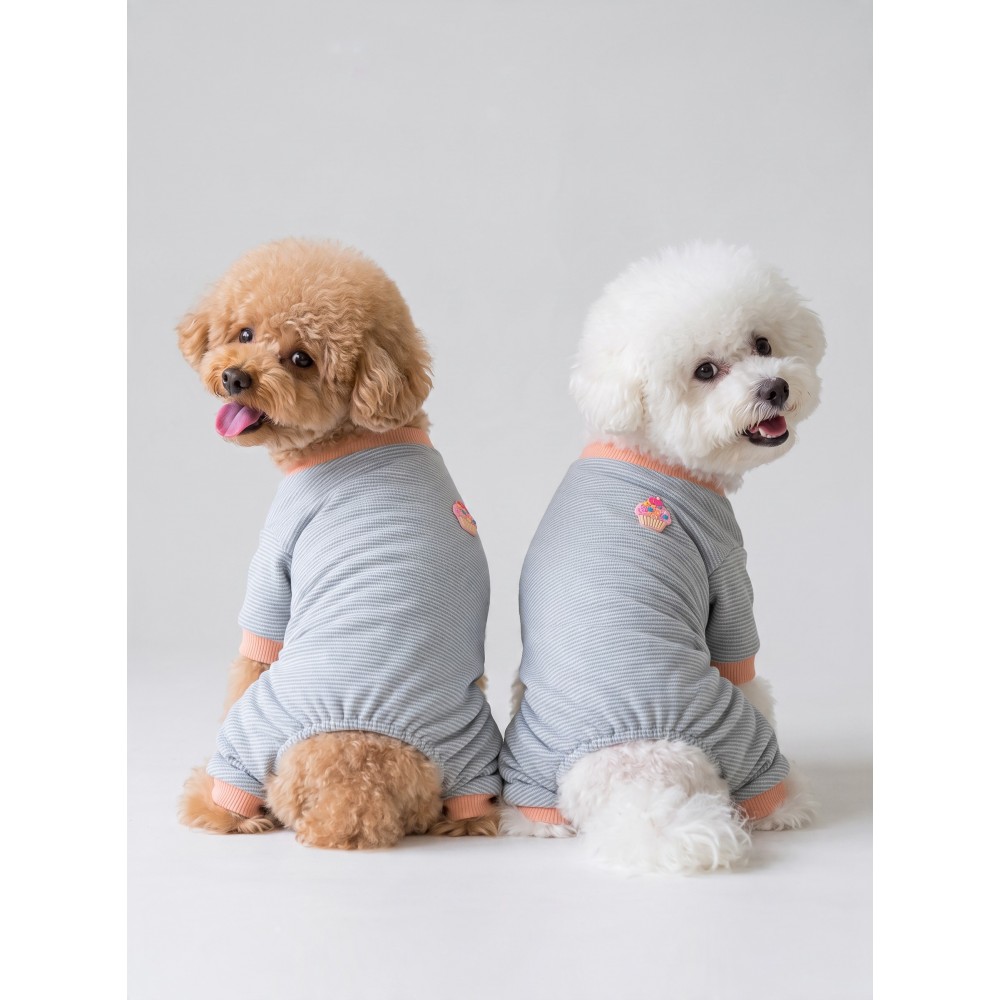 Sweet Cupcake Köpek Tulumu | Gri Beyaz İnce Çizgili 