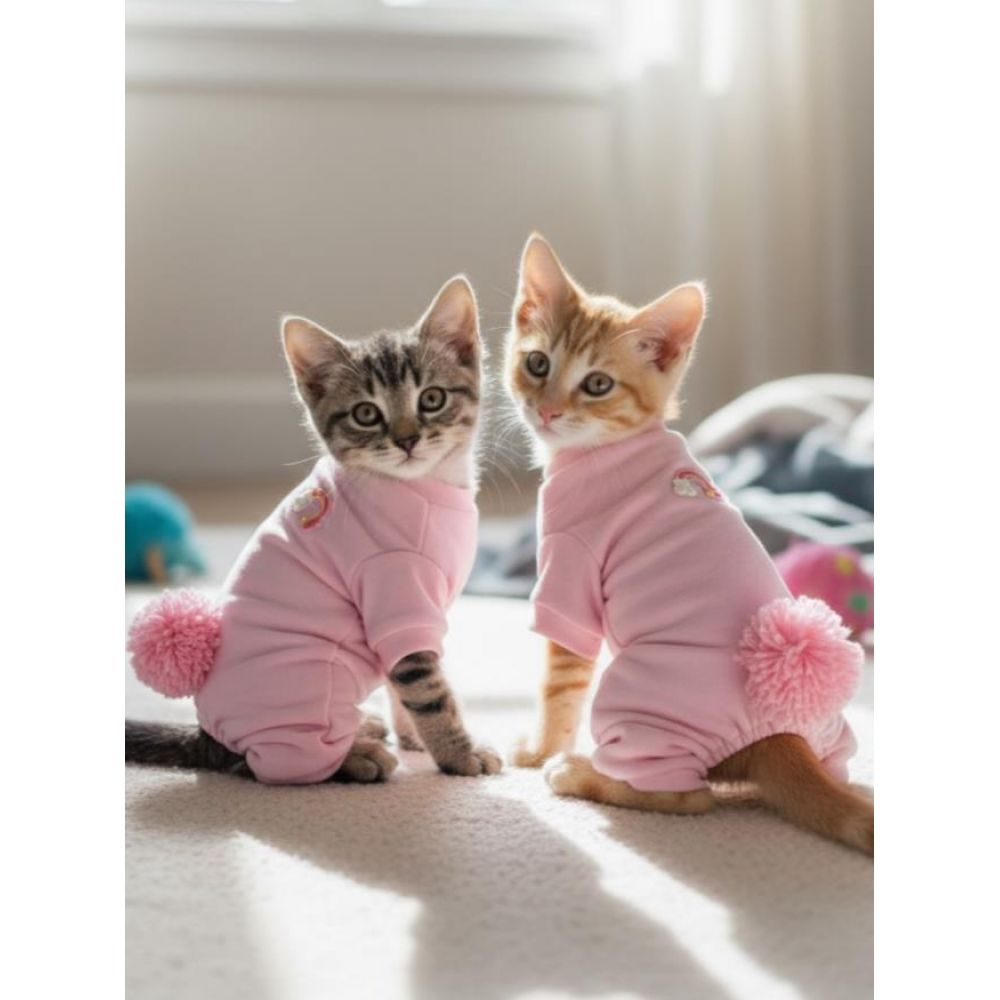 Tassel and Rainbow Soft Pink - Pastel Pembe Pamuklu Kedi Tulum Pijama