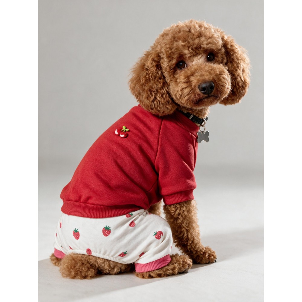 Tatlı Çilek Duo – Çilekli Köpek Tulum & Sweat Kombini