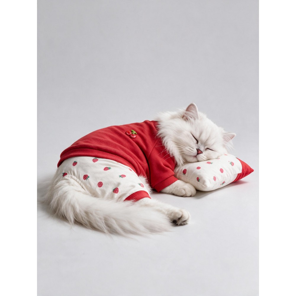 Tatlı Çilek Kedi Rüyası | Pamuklu Çilekli Kedi Tulumu, Kırmızı Sweatshirt ve Mini Yastık | 3Parça