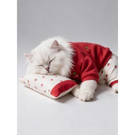 Tatlı Çilek Kedi Rüyası | Pamuklu Çilekli Kedi Tulumu, Kırmızı Sweatshirt ve Mini Yastık | 3Parça