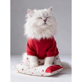 Tatlı Çilek Kedi Rüyası | Pamuklu Çilekli Kedi Tulumu, Kırmızı Sweatshirt ve Mini Yastık | 3Parça