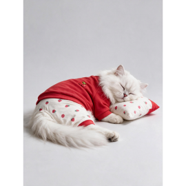 Tatlı Çilek Kedi Rüyası | Pamuklu Çilekli Kedi Tulumu, Kırmızı Sweatshirt ve Mini Yastık | 3Parça