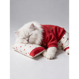 Tatlı Çilek Kedi Rüyası | Pamuklu Çilekli Kedi Tulumu, Kırmızı Sweatshirt ve Mini Yastık | 3Parça
