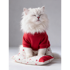 Tatlı Çilek Kedi Rüyası | Pamuklu Çilekli Kedi Tulumu, Kırmızı Sweatshirt ve Mini Yastık | 3Parça