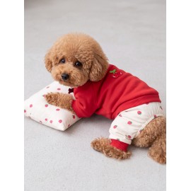 Tatlı Çilek Köpek Rüyası | Pamuklu Çilekli Köpek Tulumu, Kırmızı Sweatshirt ve Mini Yastık | 3 Parça