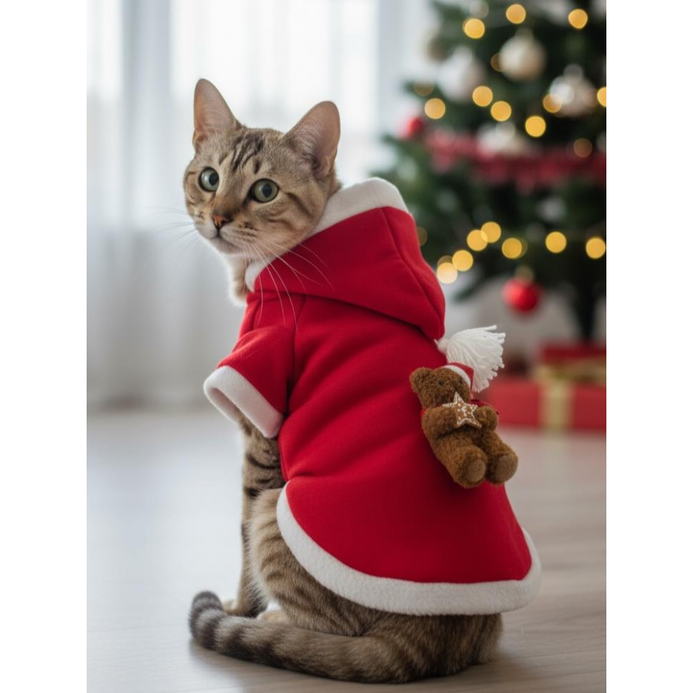Teddy Amca Kırmızı Xmas Kedi Kıyafeti | Kapüşonlu Polar Noel Sweatshirt | Küçük Irklar İçin