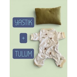 Teddy Bear Chic Kedi Uyku Seti | Penye Kedi Tulum ve Mini Yastık Takımı | Pamuklu | Tüy Dökülmesini Azaltır | 