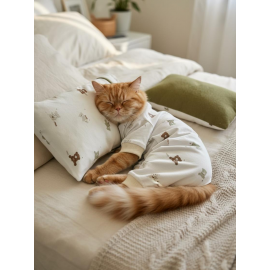 Teddy Bear Chic Kedi Uyku Seti | Penye Kedi Tulum ve Mini Yastık Takımı | Pamuklu | Tüy Dökülmesini Azaltır | 