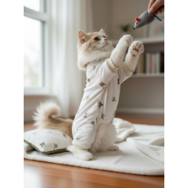 Teddy Bear Chic Kedi Uyku Seti | Penye Kedi Tulum ve Mini Yastık Takımı | Pamuklu | Tüy Dökülmesini Azaltır | 