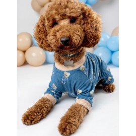 Teddy Blues Penye Köpek Tulumu | Ayıcık Desenli Köpek Pijaması | Küçük Irklar İçin