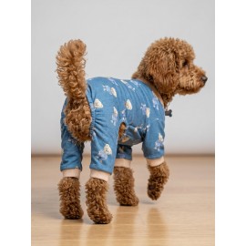 Teddy Blues Penye Köpek Tulumu | Ayıcık Desenli Köpek Pijaması | Küçük Irklar İçin
