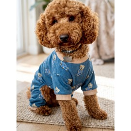 Teddy Blues Penye Köpek Tulumu | Ayıcık Desenli Köpek Pijaması | Küçük Irklar İçin