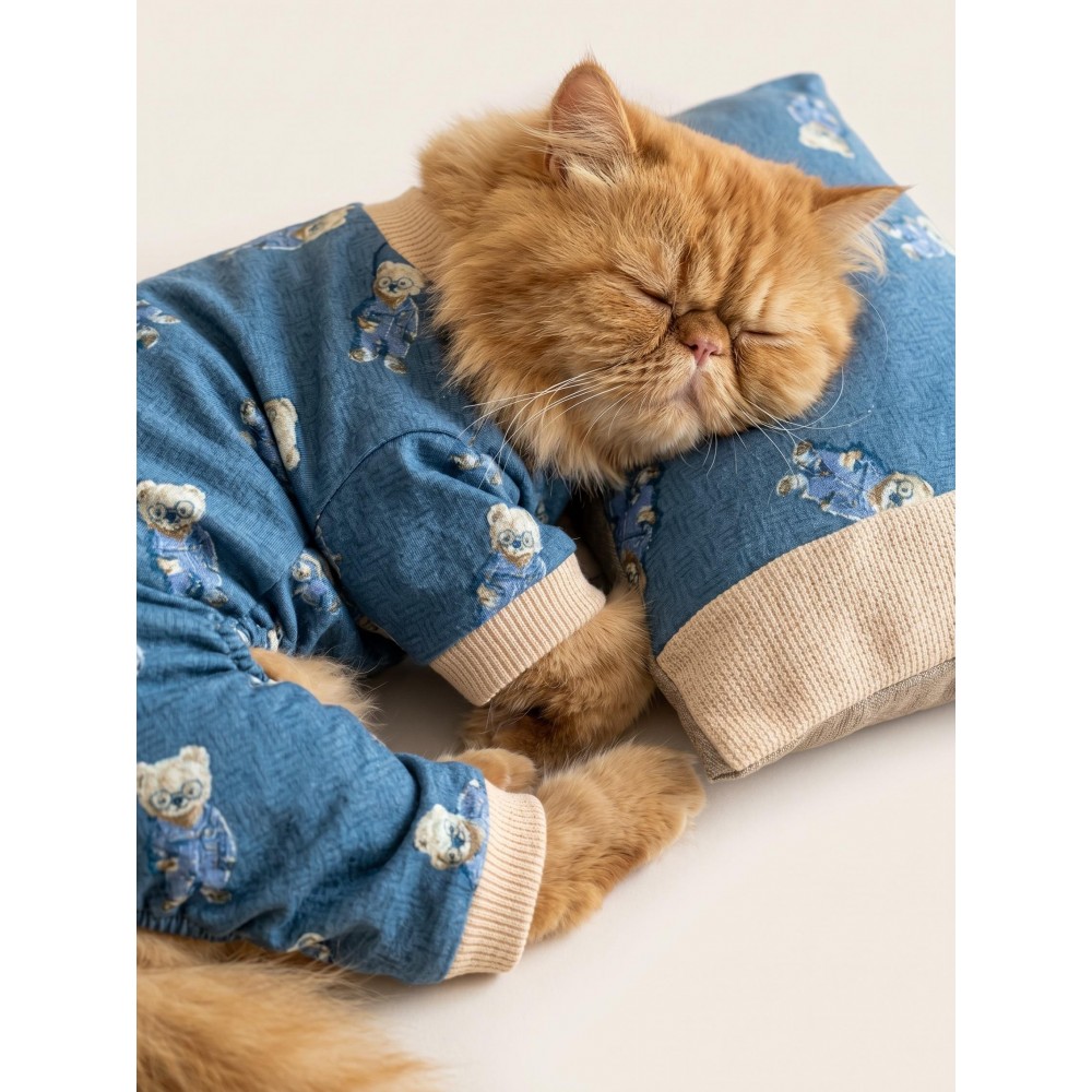 Teddy Blues Uyku Takımı | Ayıcık Desenli Pamuklu Penye Kedi Tulumu ve Mini Yastık