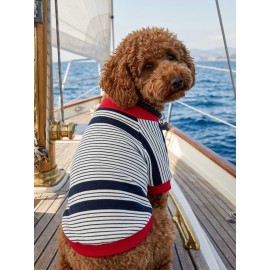 Yacht Club Marin Çizgili Köpek Tişörtü | Lacivert Kırmızı Yazlık Köpek Kıyafeti | Küçük Irklar