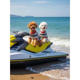 Yacht Club Marin Çizgili Köpek Tişörtü | Lacivert Kırmızı Yazlık Köpek Kıyafeti | Küçük Irklar