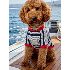 Yacht Club Marin Çizgili Köpek Tişörtü | Lacivert Kırmızı Yazlık Köpek Kıyafeti | Küçük Irklar