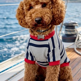 Yacht Club Marin Çizgili Köpek Tişörtü | Lacivert Kırmızı Yazlık Köpek Kıyafeti | Küçük Irklar