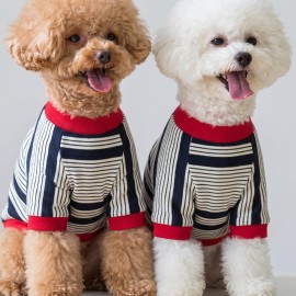 Yacht Club Marin Çizgili Köpek Tişörtü | Lacivert Kırmızı Yazlık Köpek Kıyafeti | Küçük Irklar