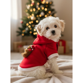 Uncle Teddy  Kırmızı Xmas Köpek Kıyafeti | Kapüşonlu Polar Noel Sweatshirt | Küçük Irklar İçin
