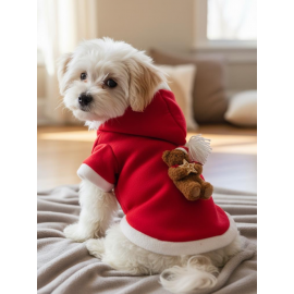 Uncle Teddy  Kırmızı Xmas Köpek Kıyafeti | Kapüşonlu Polar Noel Sweatshirt | Küçük Irklar İçin