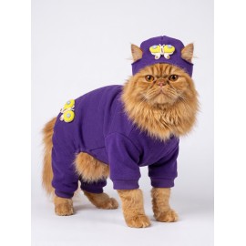 Violet Wings Kedi Bere ve Tulum Kombini | Mor Renk 3D Kelebek Aksesuarlı Penye Kedi Kıyafeti | 2 Parça