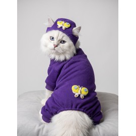 Violet Wings Kedi Bere ve Tulum Kombini | Mor Renk 3D Kelebek Aksesuarlı Penye Kedi Kıyafeti | 2 Parça
