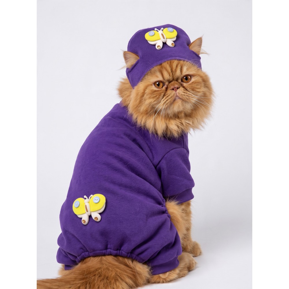 Violet Wings Kedi Bere ve Tulum Kombini | Mor Renk 3D Kelebek Aksesuarlı Penye Kedi Kıyafeti | 2 Parça